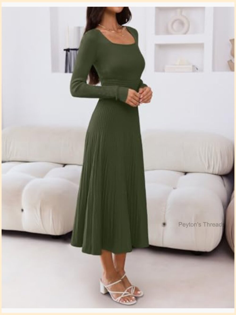 Long Sleeve Square Neck Pleated Knit Midi Dress for Women - Picture 2 of 7